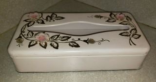 Vtg.  Metal Ransburg Tissue Box Holder Pink W/ Gold 3 - D Flowers Jewels 1950 