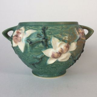 Roseville Pottery 665 - 4 Jardiniere Vase Green Magnolia Double Handle Vintage