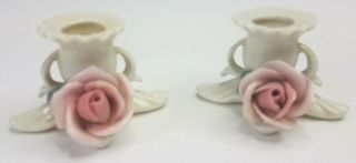 Vintage Candle Holders Karl Ens Porcelain Pink Roses Volkstedt Germany