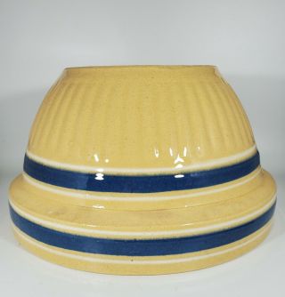 Vintage Yellow Ware Pottery Mixing Bowl 6 Stripe Blue & White Usa Made 9.  5 "
