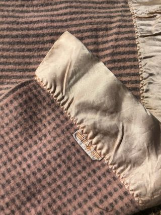 Vintage North Star Wool Blanket Pink Gray Satin Trim Striped Check Throw 61” 80”