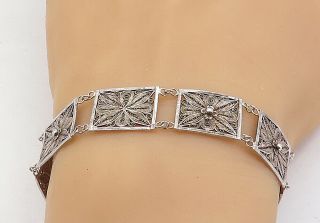 925 Sterling Silver - Vintage Filigree Floral Square Link Chain Bracelet - Bt2103