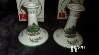 Set Of 2 Vintage Spode Christmas Tree Tall Candle Holder 5 1/2 " High/excellent
