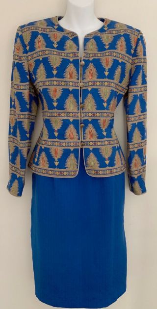 Vtg 1990’s Adrianna Papell Women 100 Silk 2 Piece Dress 10 Top Skirt Blue Gold