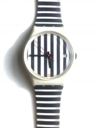 Vintage Swatch Watch 8124p W/ Date Battery " Deauville " Blue White Stripes