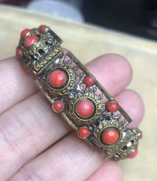 Vintage Jewellery Art Deco Czech Coral Glass Cabochon Panel Bracelet