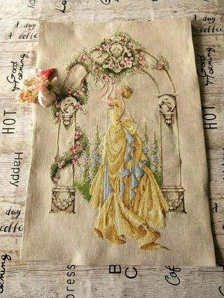 Vintage Hand Embroidered Picture Panel/ Tiny Cross Stitch/beautiful Lady/flowers