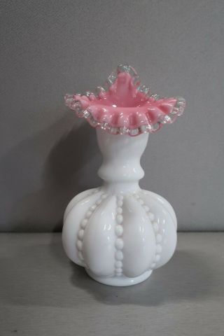 Vintage Fenton Glass 6” Pink Crest White Beaded Melon Tulip Vase