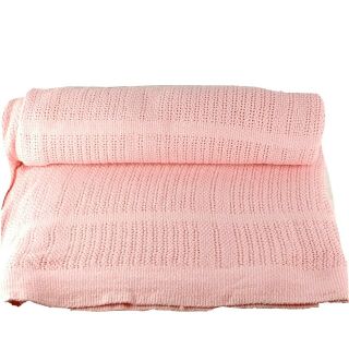 Vintage Thermal Waffle Weave Blanket Pink Cotton Loose Rib Knit Trim 88 X 92