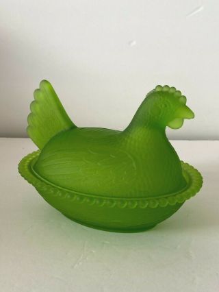 Vintage Large Hen On Nest Green Satin Glass