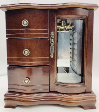 Vintage Musical Jewelry Box Dresser Cabinet Drawers Necklace Organizer 9”