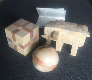 3 Vintage Wooden 3 - D Japanese Kumiki Puzzles Cube Ball & Elephant Old Stock
