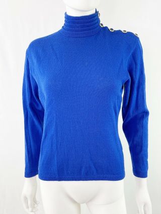 Vintage St.  John By Marie Gray Size S Royal Blue Turtleneck Knit Sweater Buttons