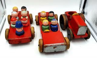 Antique/vintage Wooden Toy Tractor,  Trailer And A Car With 11 Removable Figures