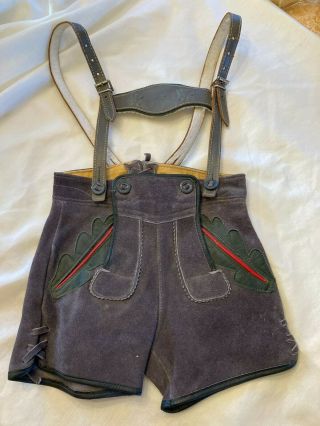 Authentic Vintage German Lederhosen Shorts Grey Suede Childs Size 2 - 3 W/ Suspend