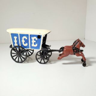 Vintage Cast Iron 2 Horse Drawn Blue And White Ice Wagon Toy Approx 9 " Long