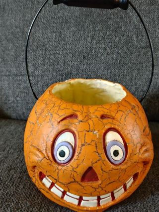 Vintage Style Halloween Paper Mache Jack - O - Lantern Pumpkin Bucket Smiling