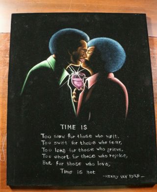 Vintage 70s 80s Velvet Painting Art Afro African American Couple Kissing Time Is
