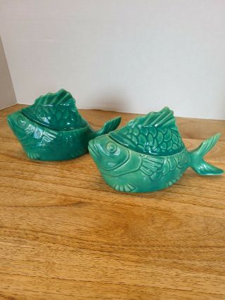 Vintage Bauer Pottery Chicken Of The Sea Tuna Baker & Salad Server Pair