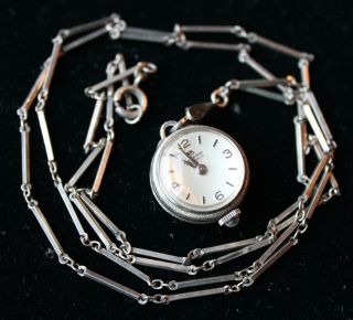 Vintage Bucherer Silver Ladies Orb Ball Skeleton Pendant Watch 17 Jewel W/ Chain