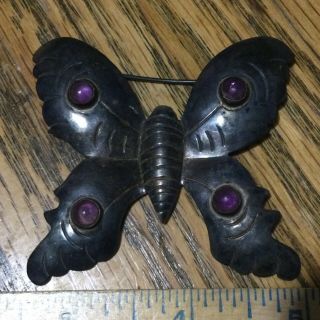 Vintage Mexico Silver Amethyst Cabochon Butterfly Pin Brooch Handmade 17.  2 Grams