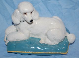 Rare Vintage Beswick Pottery White Poodle Resting On A Pillow Cushion Figure