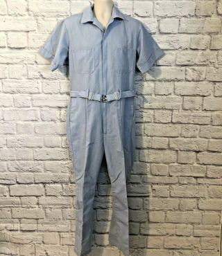 Vintage 70s Blue Short Sleeve Belted Mechanic Coveralls 40 Jumpsuit Leisure