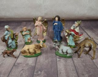 Vintage 9 Piece Hand Painted Paper Mache’ Nativity Figures - Handmade In Italy