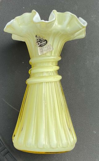 Vintage Fenton Cased Glass Vase Candleglow Yellow Over White Crested Wheat Vase