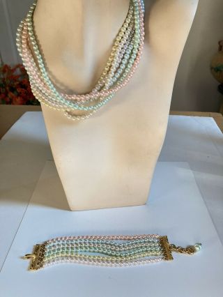 Vtg Joan Rivers Pastel Pink/blue/yellow Faux Pearl Demi Necklace & Bracelet