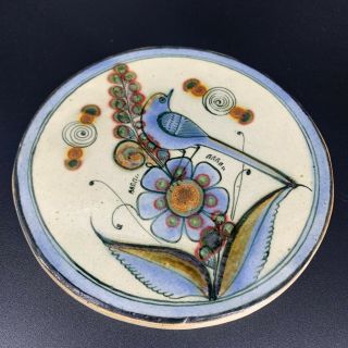 Vintage Tonala Pottery Ken Edwards Bird Flowers Round Tile Trivet Signed