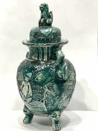 Vintage Jade Green Asian Porcelain Urn/Vase Foo Dog 3 Footed Silver Accents 2