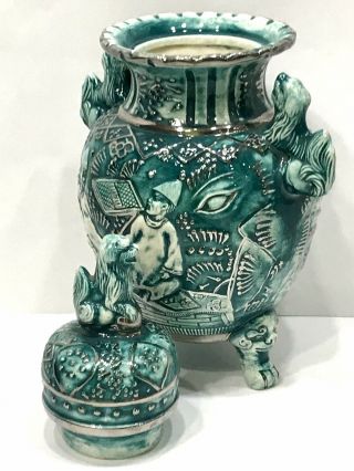 Vintage Jade Green Asian Porcelain Urn/Vase Foo Dog 3 Footed Silver Accents 3