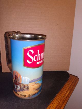 Vtg Schmidt Horse Train Flat Top Beer Can Cup With Handle Shape
