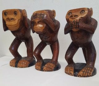 Vintage Wood Carved Monkey Hear No Evil See No Evil Speak No Evil Statue Figures