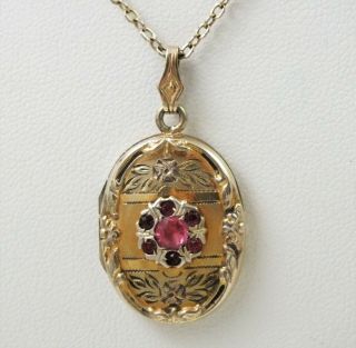 Vintage F.  M.  Co 1 - 20 10k Gold Filled Etched Pink Rhinestone Photo Locket Pendant