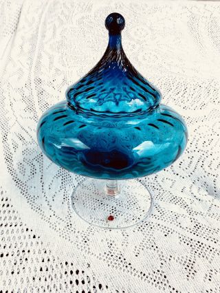 Fab Vintage Blue Empoli Italy Art Glass 12” Apothecary Jar Circus Tent Swirl Lid
