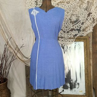 Plus Size Vintage Late 1950s Blue Sleeveless Dress With White Lacey Detailing