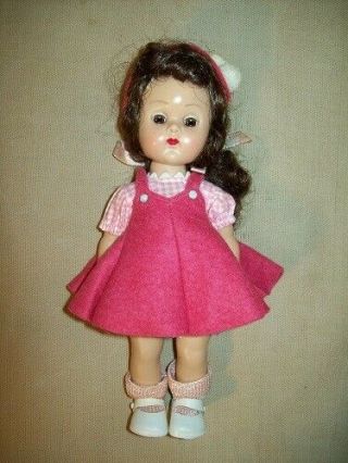 Vtg 8 " Walking Ginny Doll With Pink Gingham & Felt Outfit Tagged Brunette