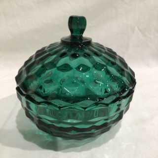 Vintage Indiana Glass Teal Green Whitehall Covered Candy Dish Cubist With Lid