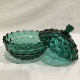 Vintage Indiana Glass Teal Green Whitehall Covered Candy Dish Cubist with Lid 2