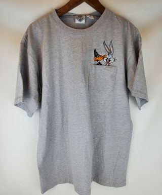 Vintage 1992 Warner Bros Looney Tunes Embroidered Pocket T Shirt Daffy Bugs Sz L