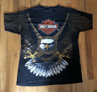 Vtg Harley Davidson All Over Print Eagle Tshirt Tee 1996 3d Emblem Rare L