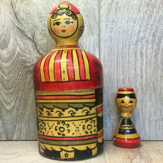 Matryoshka 2 Dolls Russian Antique Wooden Hand - Painted Soviet Ussr 1970 Vintage
