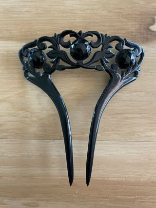 Lovely Antique Victorian Edwardian Black Carved Celluloid Fan Hair Comb Mourning