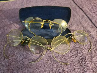 Set Of 3 Antique Vintage Wire Rim Glasses Spectacles And Case