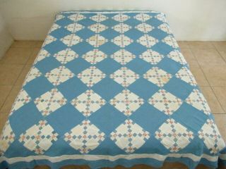 Queen Vintage Feed Sack Hand & Machine Pieced Double Nine Patch On Tip Quilt Top