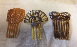 Antique Tortoise & Celluloid Fan Hair Combs.  Blue Rhinestones,  Clear Rhinestones