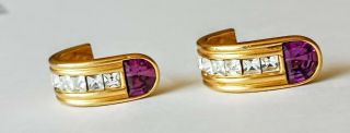 Givenchy Signed Earrings Brushed Gold Hoops Amethyst Clear Crystal Vintage Wow