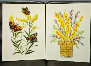 Vintage Crewel Embroidery Needlepoint Finished Pair Flowers Butterflies 18 " X 24